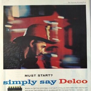 1961 Fireman racing to Firetruck "Must Start? Simply Say Delco" Vtg PRINT AD